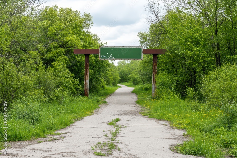 A serene path surrounded by lush greenery, leading under a rustic sign. A serene path surrounded by lush greenery, leading under a rustic sign.