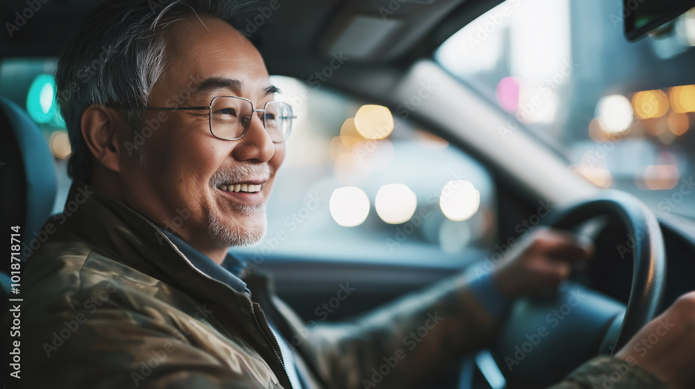 Smiling senior man driving car through city streets at night with bright lights glowing, freedom and happiness concept Smiling senior man driving car through city streets at night with bright lights glowing, freedom and happiness concept