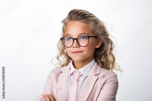 Portrait of a cute little girl in glasses on a white background.