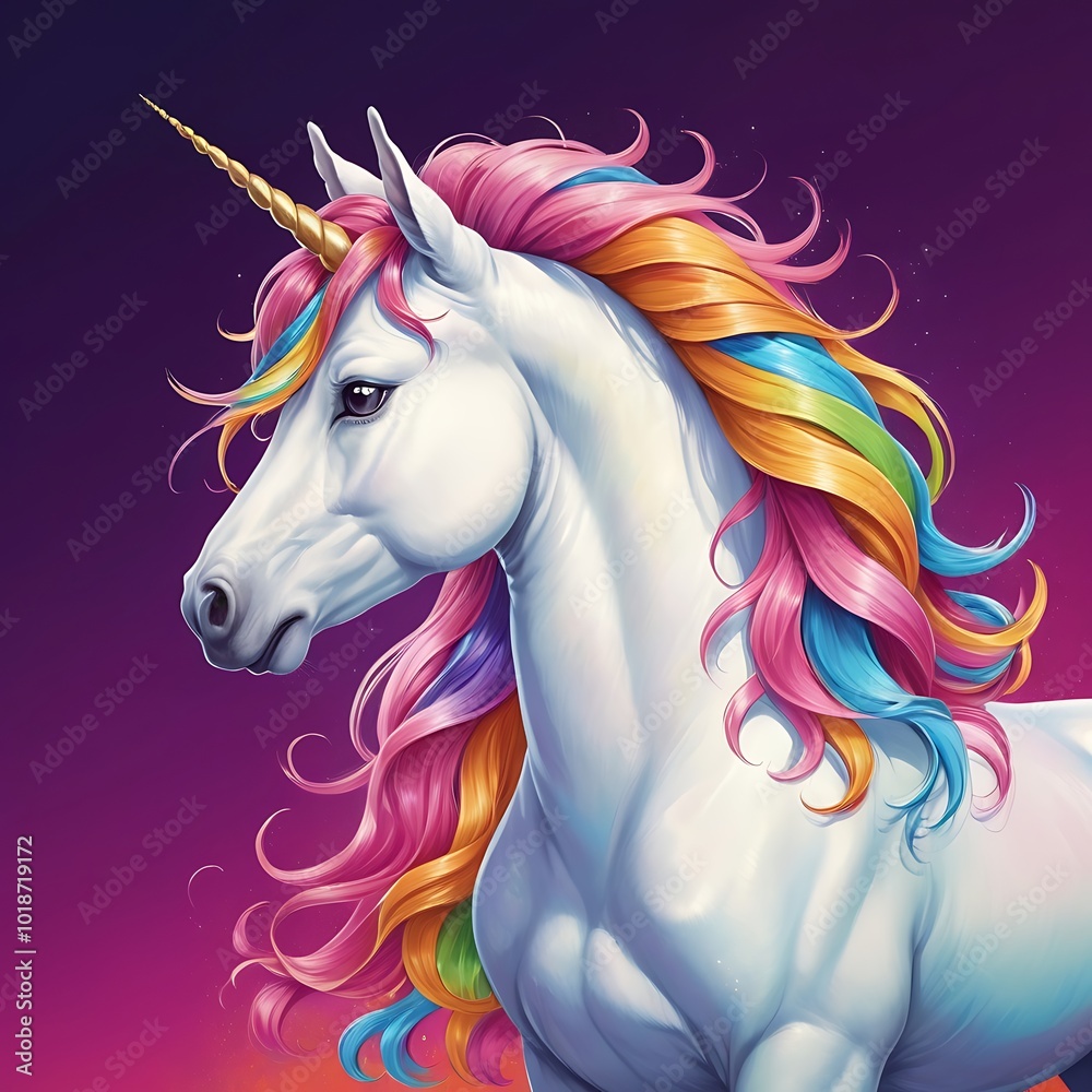 Fototapeta premium white unicorn with colorful hair and bright multicolored costume looking away isolated on light and dark purple background 