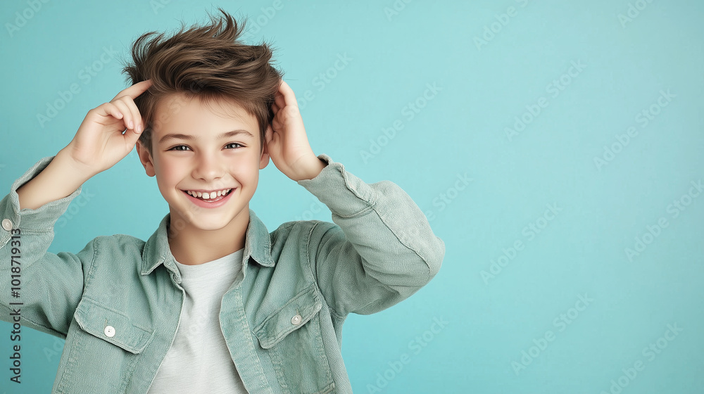 Cheerful child with stylish haircut smiles in green shirt against blue backdrop, joyful youth happiness concept Cheerful child with stylish haircut smiles in green shirt against blue backdrop, joyful youth happiness concept