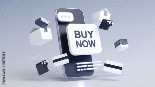 Smartphone with buy now button surrounded by packages on a grey background.