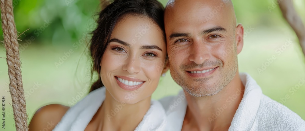 A man and a woman, towels on shoulders, smile beneath tree A man and a woman, towels on shoulders, smile beneath tree