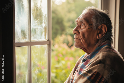 Elderly man wrapped in blanket gazing through window, depicting reflection and contemplation, peaceful solitude concept