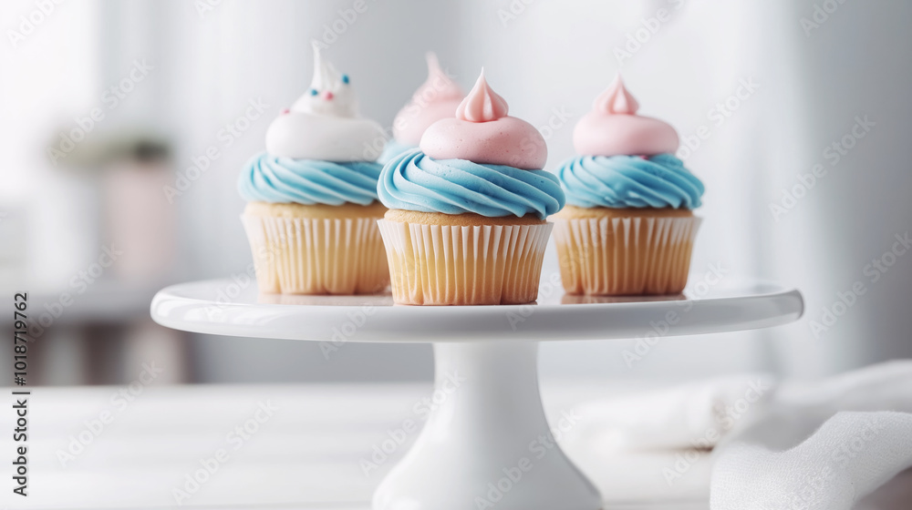 Cupcakes with Colorful Icing on White Stand in Sunlit Kitchen Environment, dessert presentation concept Cupcakes with Colorful Icing on White Stand in Sunlit Kitchen Environment, dessert presentation concept