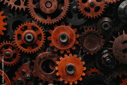 An assortment of rusty gears, showcasing intricate details and textures on a dark background.