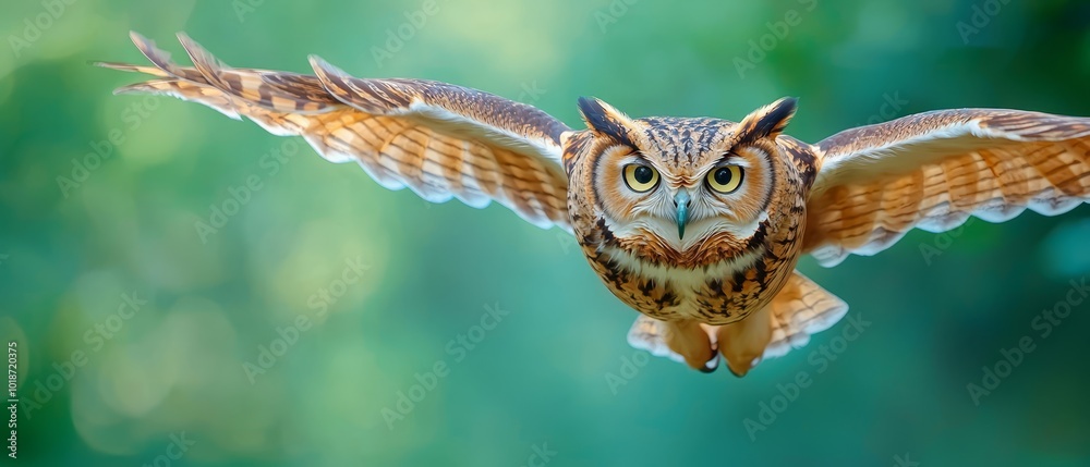 Obraz premium An owl flies with sprawled wings against a blurred backdrop of trees Its eyes remain wide open
