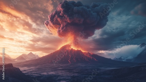 Erupting Volcano With Dramatic Smoke Plume and Mountain Range