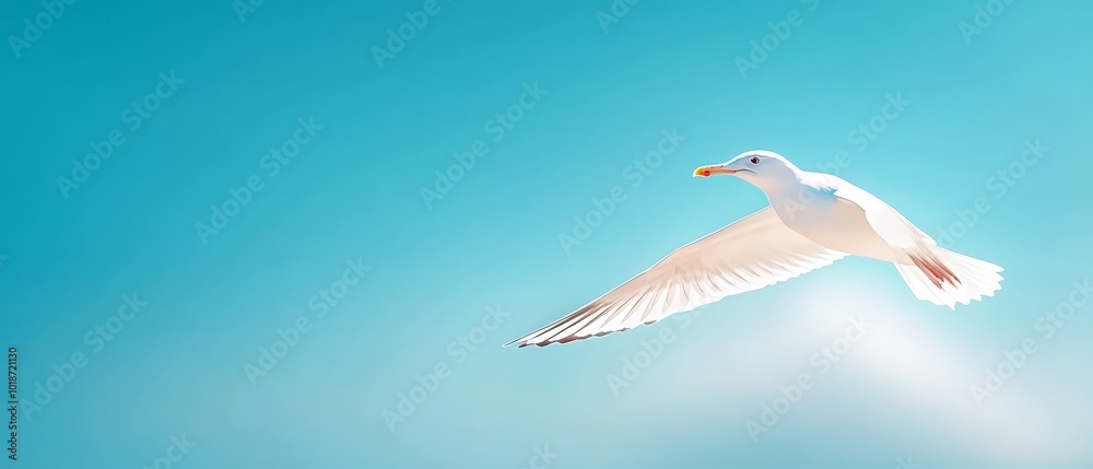 Obraz premium A white seagull flies in the sky, wings spread wide, beak pointed upwards