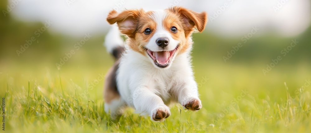 A small brown-and-white dog races through a field of grass, its mouth agape and tongue extended A small brown-and-white dog races through a field of grass, its mouth agape and tongue extended
