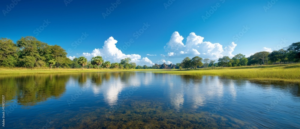 Fototapeta premium water encircled by verdant trees, blue sky dotted with white clouds, scattered clouds in the distance