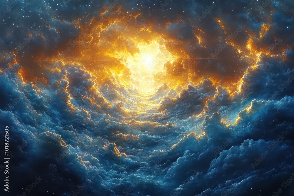 Fototapeta premium majestic depiction of the creation of heaven and earth featuring swirling clouds and radiant light blending elements of myth and artistry in a grand cosmic scene filled with wonder