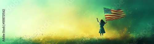 A silhouette of a woman holding an American flag, symbolizing freedom and patriotism against a vibrant, ethereal background.