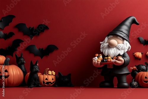 Realistic depiction of a gnome handing out treats to trick-or-treaters, with Halloween decorations like black cats, bats, and pumpkins filling the background photo