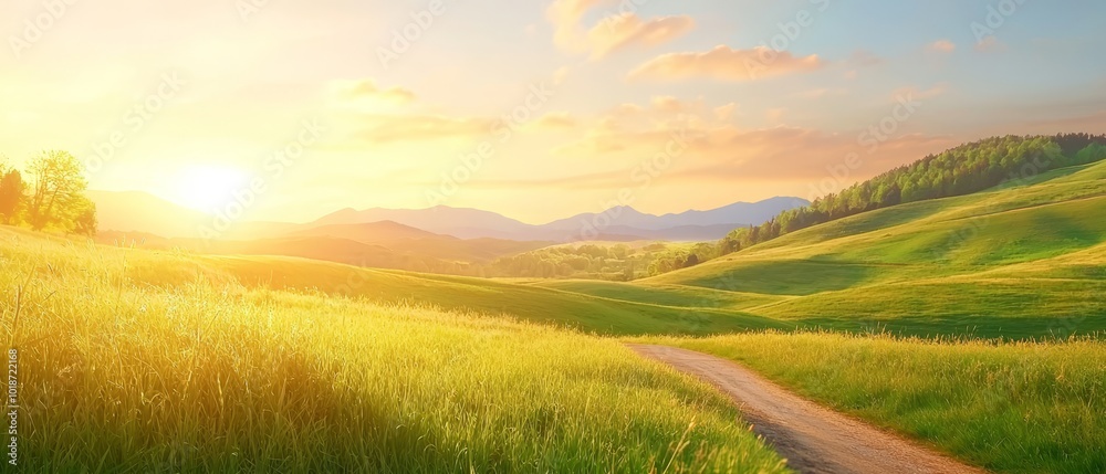 Obraz premium A grassy field with a dirt road in the foreground and a mountain range in the distance