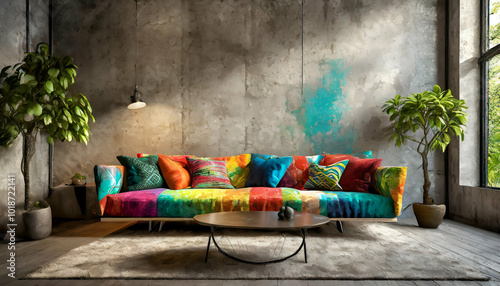 A modern, artistic living space featuring a colorful patchwork sofa in front of a textured concrete wall. The room combines industrial materials with vibrant colors, balancing creativity and simplicit photo