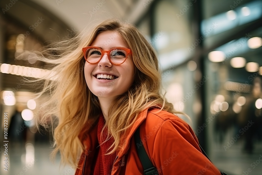 Portrait of a beautiful woman in red coat and red eyeglasses smiling Portrait of a beautiful woman in red coat and red eyeglasses smiling