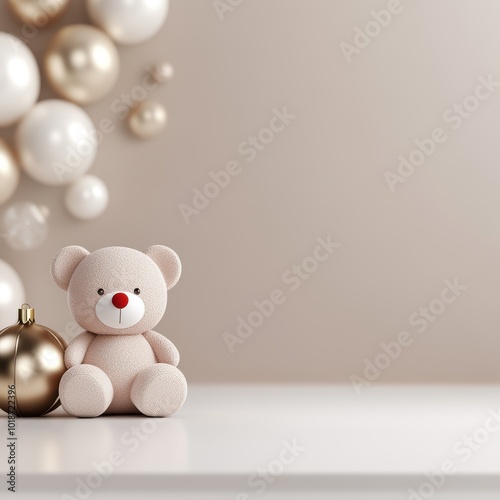 Cute teddy bear and golden ornaments on a minimalistic background, perfect for holiday decor.