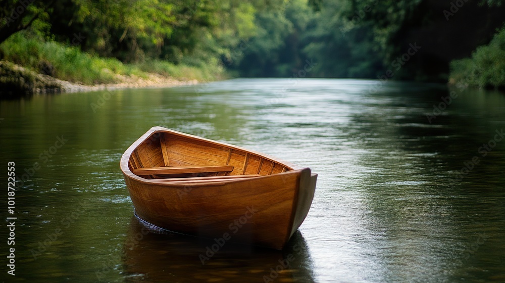 A beautifully handcrafted traditional wooden boat floating on a calm river, showcasing masterful craftsmanship A beautifully handcrafted traditional wooden boat floating on a calm river, showcasing masterful craftsmanship