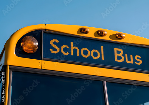 Close-Up of Front Window and Top Sign on a Yellow School Bus | Iconic Symbol of Student Transportation