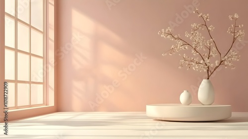 Elegant and minimalist 3D studio room with muted mauve background empty floor and wall product podium and natural sunlight streaming in from window creating a soft serene and tranquil mockup