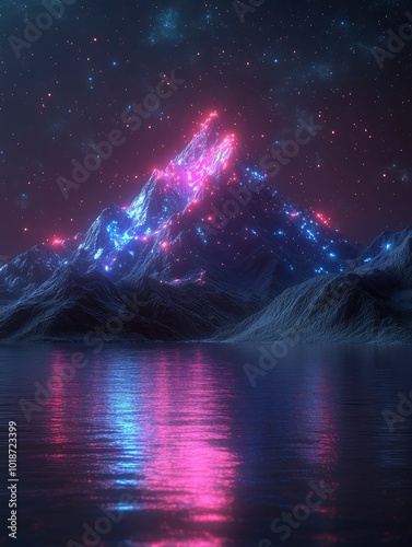 A mountain range illuminated with pink and blue lights against a night sky with stars reflecting in a lake.