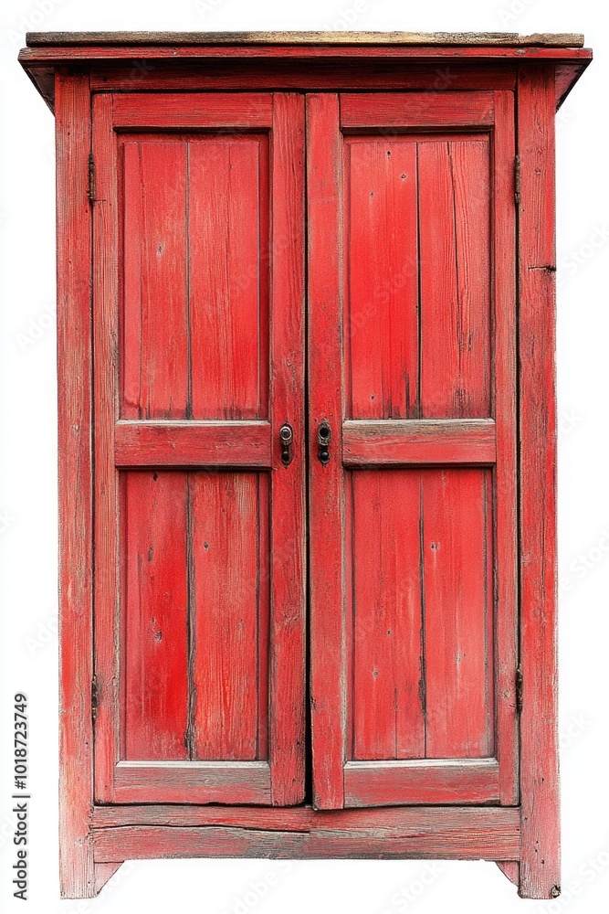 A red wooden cabinet with open doors, revealing its contents A red wooden cabinet with open doors, revealing its contents