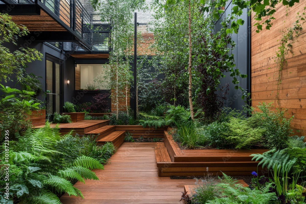 Obraz premium Courtyard Garden with Benches and Wooden Walkway. Apartment Paseo with Wood Bench Overhead View