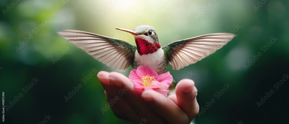 Fototapeta premium A hummingbird perches on a pink flower, held gently in someone's hand Background softly blurred
