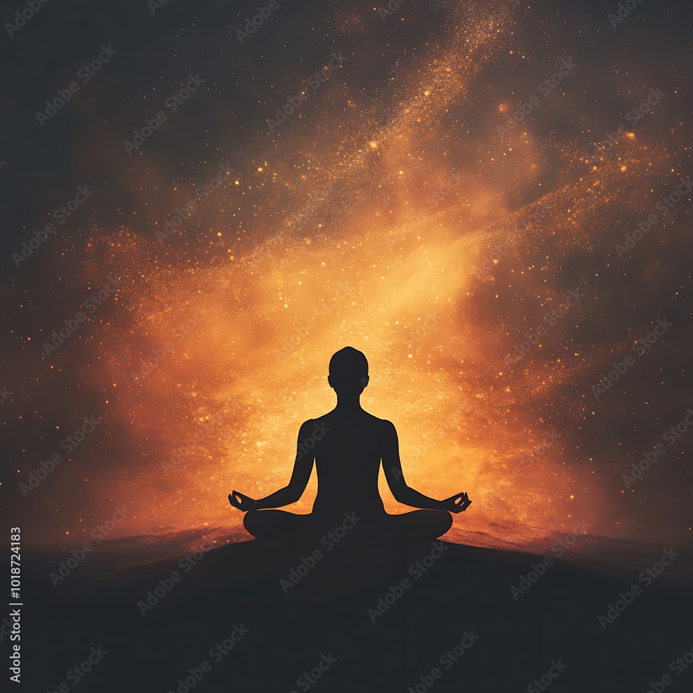 A silhouette of a meditating figure against a cosmic backdrop, symbolizing mindfulness and inner peace. A silhouette of a meditating figure against a cosmic backdrop, symbolizing mindfulness and inner peace.