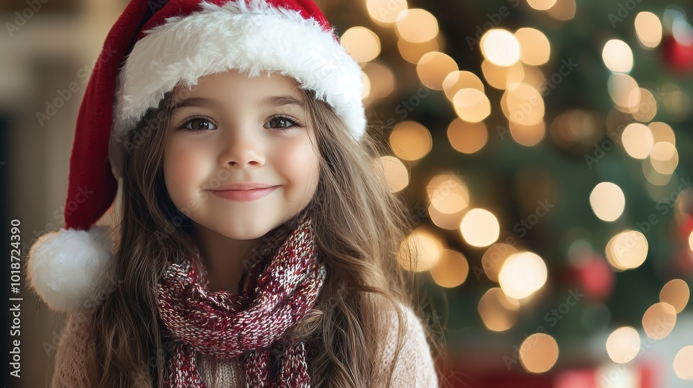 Smiling girl in Santa hat with Christmas lights and tree in the background Generative AI Smiling girl in Santa hat with Christmas lights and tree in the background Generative AI