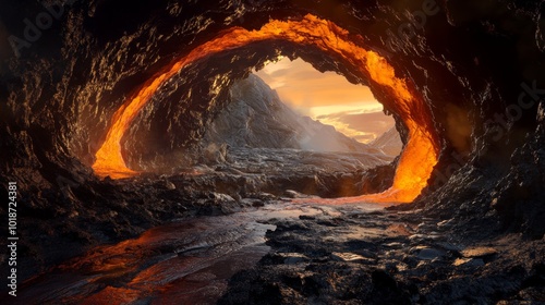 A fiery cave entrance reveals a volcanic landscape and a setting sun. photo