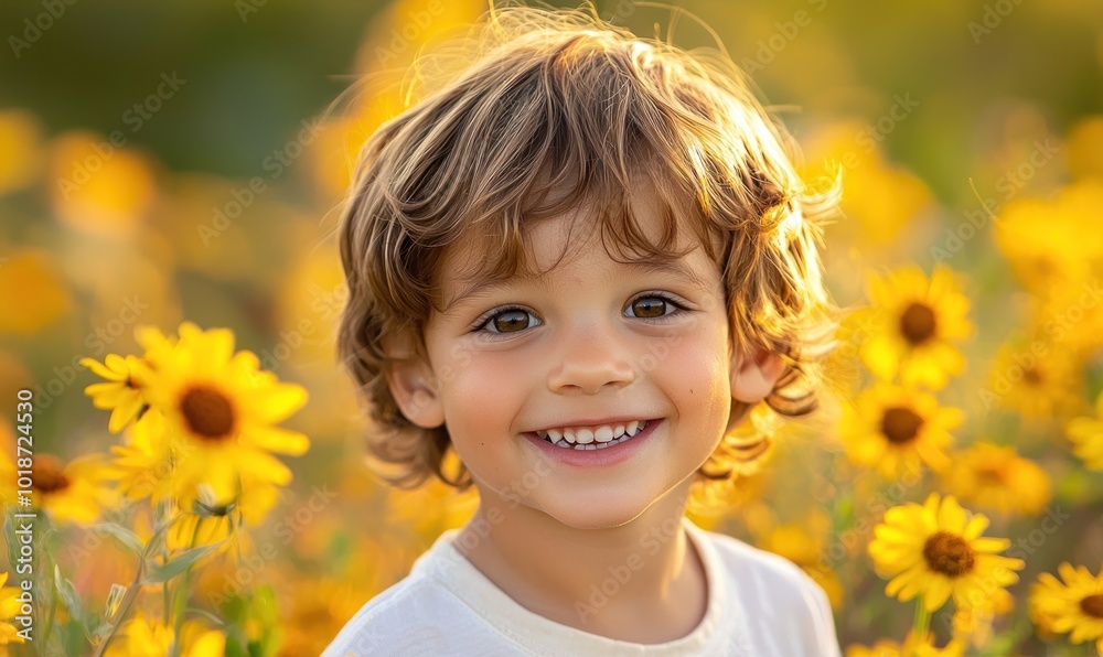 Smiling young boy with brown hair standing in a field of yellow flowers Generative AI Smiling young boy with brown hair standing in a field of yellow flowers Generative AI