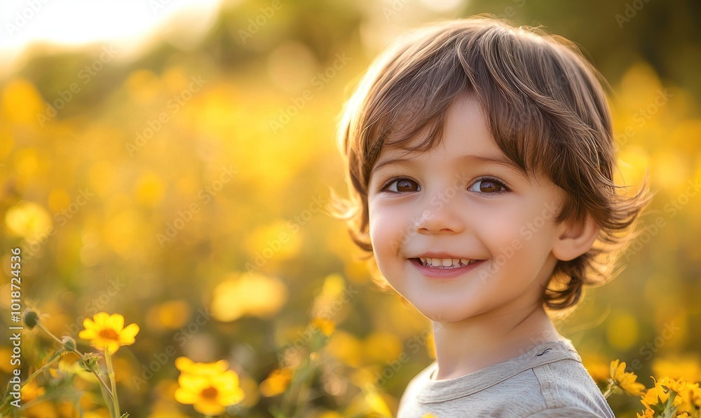 Smiling young boy with brown hair standing in a field of yellow flowers Generative AI Smiling young boy with brown hair standing in a field of yellow flowers Generative AI