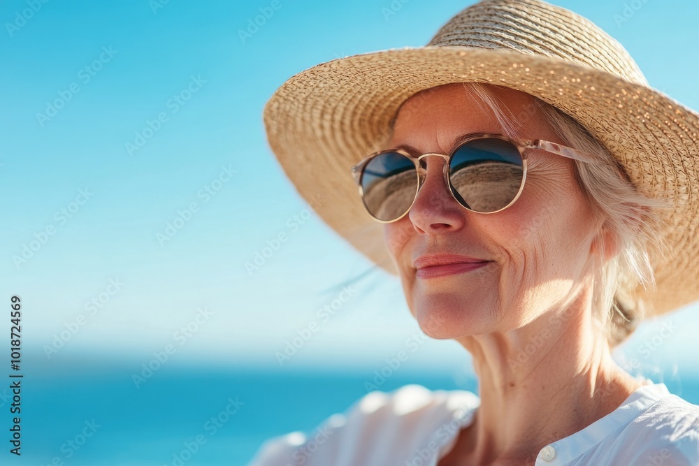 A woman wearing a straw hat and sunglasses, perfect for outdoor scenes or fashion photography A woman wearing a straw hat and sunglasses, perfect for outdoor scenes or fashion photography