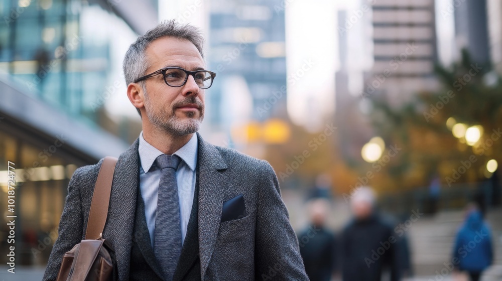 Fototapeta premium A person dressed in a suit and tie walking down the street, possibly going to or from work