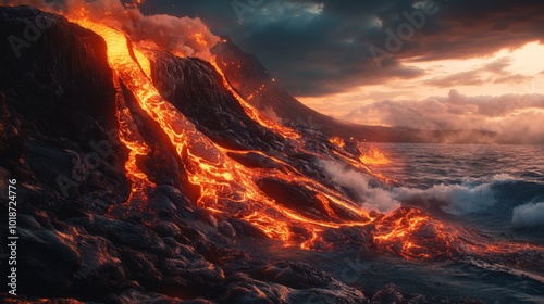 Molten Lava Flowing from a Volcano into the Ocean