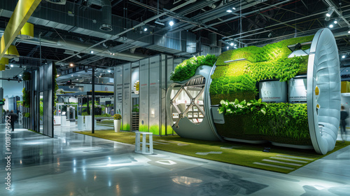 A bioenergy innovation expo showcasing the latest advancements in converting waste into clean energy. Bright, forward-thinking design with a focus on sustainability. photo