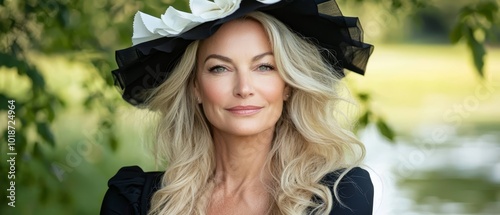  A woman with long blonde hair wears a black dress She accessorizes with a flower in her updo and a black-and-white bloom tucked behind her ear photo