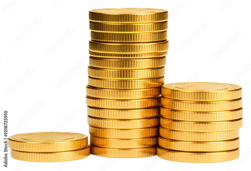 PNG Golden coins stacks gold money white background. PNG Golden coins stacks gold money white background.