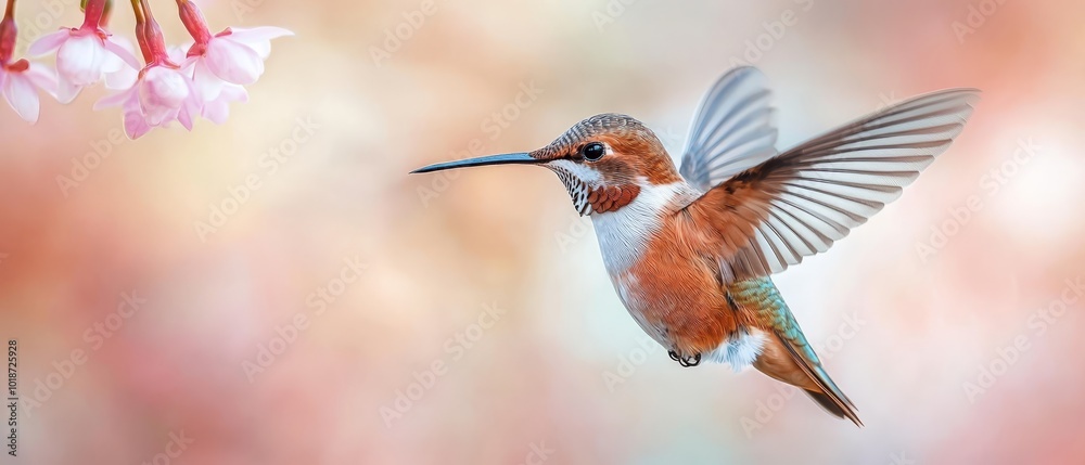 Fototapeta premium A bird flying in the air with extended wings and a foreground flower, softly focused, against a blurred background