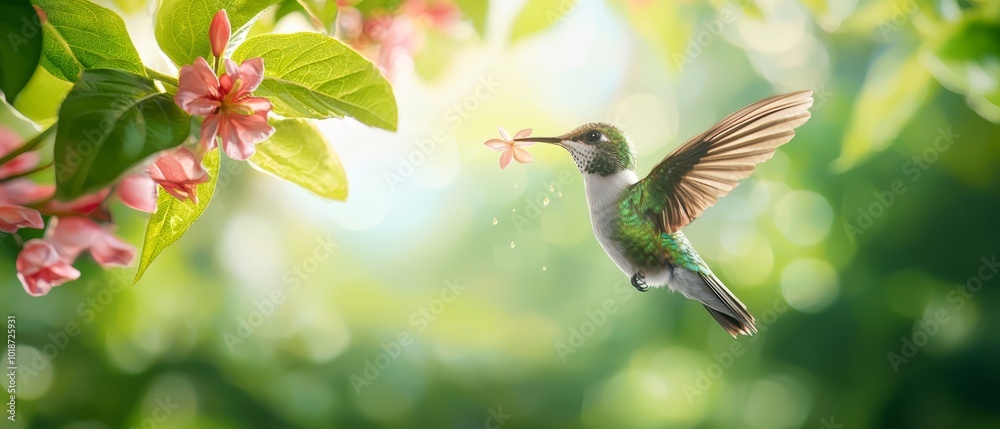 Naklejka premium A bird flies with a flower in its beak against a backdrop of a tree