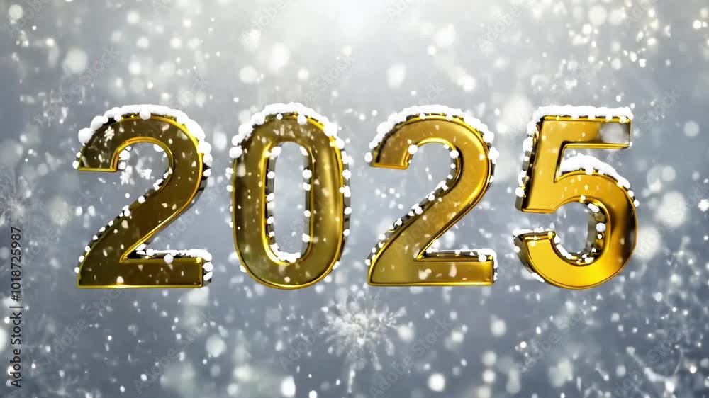 Snow is falling on a golden 2025 text against a silver background. Ideal for new year countdowns, winter celebrations, and festive projects