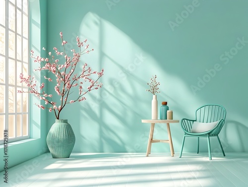 Serene and minimalist 3D studio setting featuring cool aquamarine tones a bare floor and wall a central product display a soft shadow cast from the window and vibrant sunlit mockup