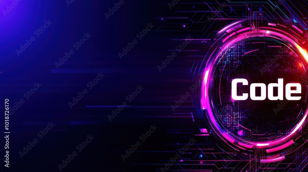 Futuristic digital background featuring vibrant neon colors and coding elements, ideal for tech-related designs.