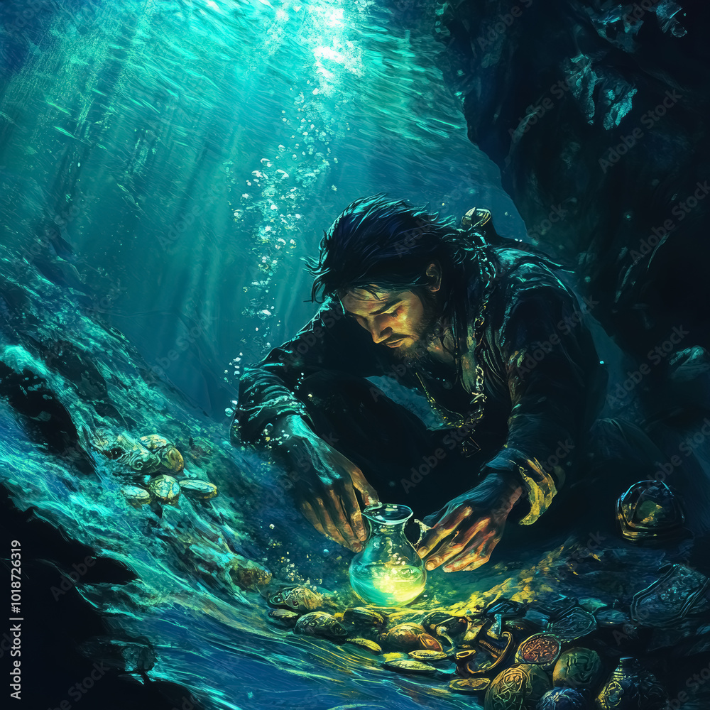 Fototapeta premium Fantasy art, a man submurged in water, holding his breathe, gathers a magic potion from treasure on the ocean floor