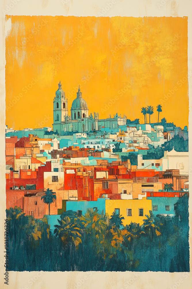 Obraz premium Puebla, Mexico, color wood block print effect. Woodblock printing. Graphic designed, illustration for travel poster, card, wallpaper, backdrop or banner. Modern, clear, artistic and simple