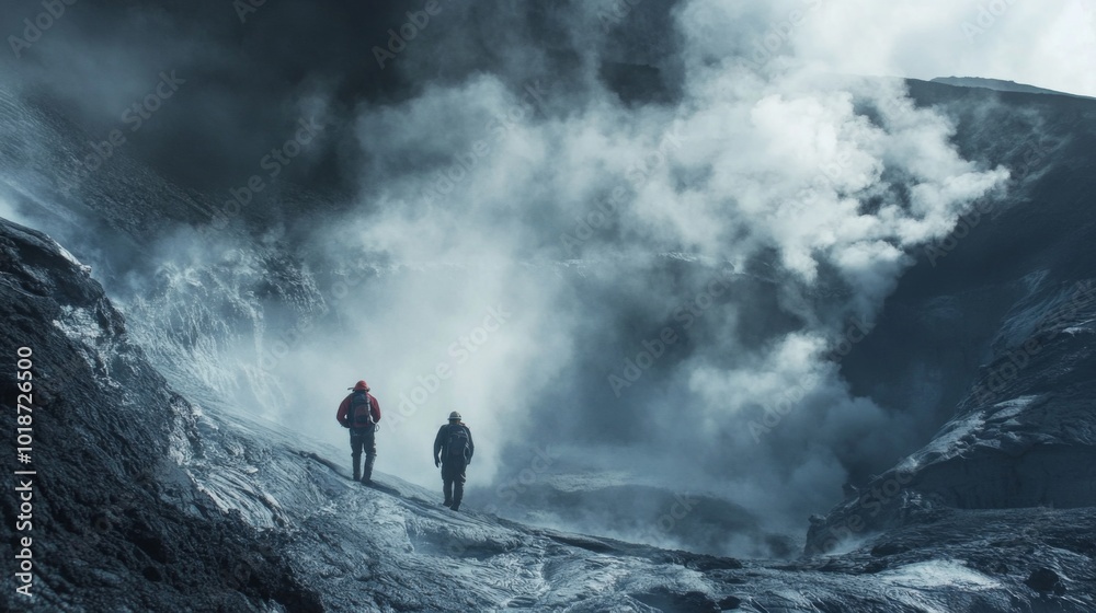 Two Hikers Ascending a Volcanic Crater Rim Amidst Steam and Fog Two Hikers Ascending a Volcanic Crater Rim Amidst Steam and Fog