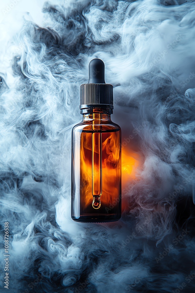 Elegant amber dropper bottle surrounded by mystical smoke, perfect for showcasing essential oils or beauty products. Elegant amber dropper bottle surrounded by mystical smoke, perfect for showcasing essential oils or beauty products.