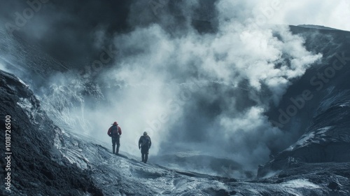 Two Hikers Ascending a Volcanic Crater Rim Amidst Steam and Fog